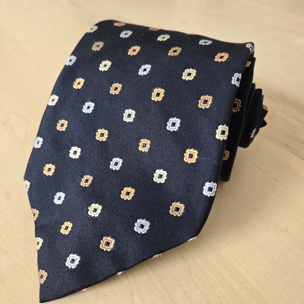 Canali Navy Silk Tie with Orange and Light Gray Geometric Dots